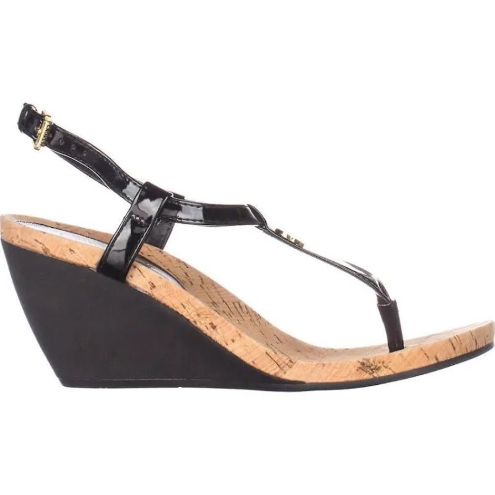 Lauren Ralph Lauren Black Pattens T-Strap Sandals Logo Plate Preppy Beach Summer